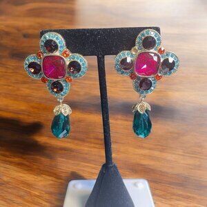 Bold Multicolor Crystal Drop Earrings with‎ Teal Dangle Accent Glam Vibrant Boho